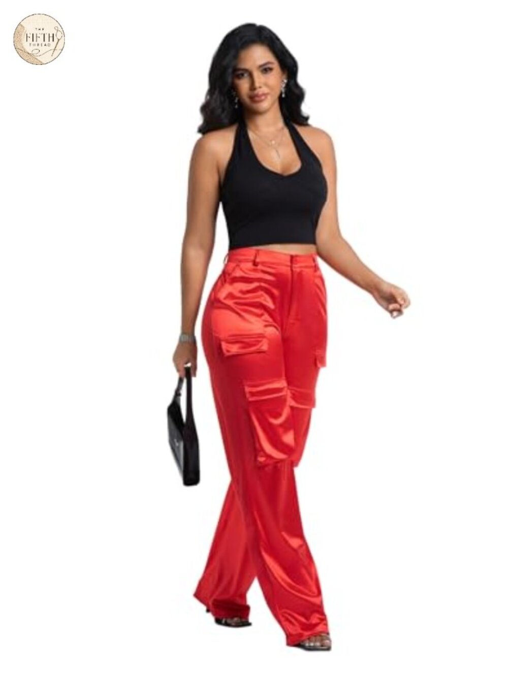 Satin Cargo Pants High Waist Metallic Dressy Going Out Women